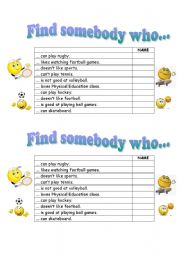 English Worksheet: Find somebody who... SPORTS