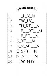 English Worksheet: numbers 11 to 20