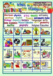 English Worksheet: So, What Are We Studying (school subjects) B/W & Answer Key - EDITABLE