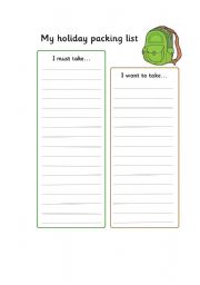 English worksheet: My holiday packing list