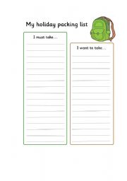 English Worksheet: My holiday packing list