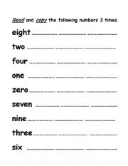 English worksheet: READ AND COPY THE NUMBERS (2 pages)