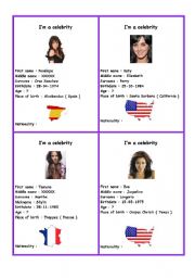 English Worksheet: Speaking cards : Im a celebrity !