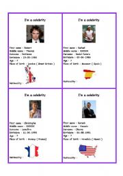 English Worksheet: Speaking cards : Im a celebrity !