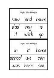 English Worksheet: Sight Word Bingo