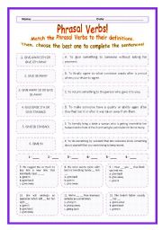 English Worksheet: > Phrasal Verbs Practice 54! > --*-- Definitions + Exercise --*-- BW Included --*-- Fully Editable With Key!