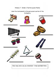 English Worksheet: Name the percussion instruments