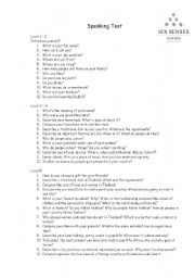 English Worksheet: Questions for Speaking Test Level 1-5