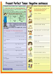 English Worksheet: Present Perfect Tense - negative sentence * elementary * grammar guide + 6 task * with key * fully editable