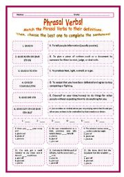 English Worksheet: > Phrasal Verbs Practice 55! > --*-- Definitions + Exercise --*-- BW Included --*-- Fully Editable With Key!
