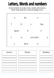 English Worksheet: letters words and numbers sort