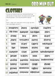 English Worksheet: Odd One Out -CLOTHES