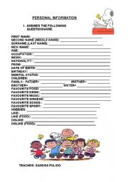 English Worksheet: PERSONAL INFORMATION