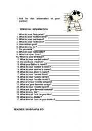 English Worksheet: PERSONAL INFORMATION