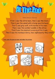 English worksheets: A funny poem for kids! AT THE ZOO!