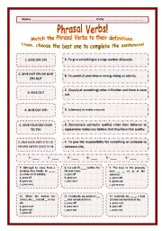 English Worksheet: > Phrasal Verbs Practice 56! > --*-- Definitions + Exercise --*-- BW Included --*-- Fully Editable With Key!
