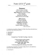 English Worksheet: Poetry Devices Quiz Grade 9