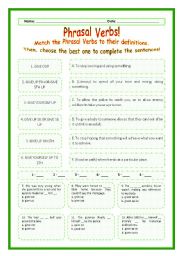 English Worksheet: > Phrasal Verbs Practice 58! > --*-- Definitions + Exercise --*-- BW Included --*-- Fully Editable With Key!