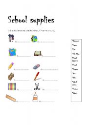 English worksheet: school supplies