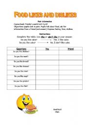 English Worksheet: food - likes and dislikes