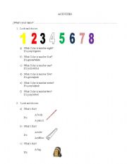English Worksheet: Numbers, colours and classroom objects