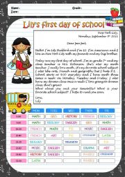 English Worksheet: Lilys first day of school