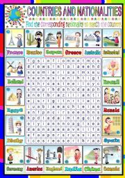 English Worksheet: NATIONALITIES- WORDSEARCH (KEY INCLUDED)