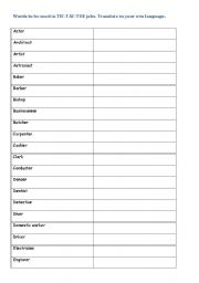 English worksheet: Jobs, word list to be used in Tic-tac-toe board games