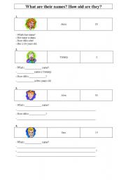 English worksheet: What are their names? How old are they?