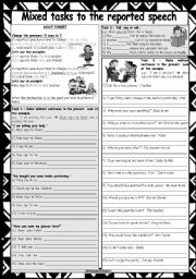 English Worksheet: Mixed tasks to the reported speech * 7 different tasks * 2 pages * with key * fully editable