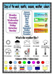 English Worksheet: Days of the week, months, seasons, weather, colors