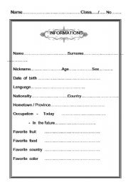 English worksheet: self informations