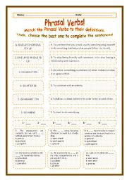 English Worksheet: > Phrasal Verbs Practice 59! > --*-- Definitions + Exercise --*-- BW Included --*-- Fully Editable With Key!