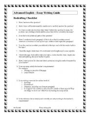 English worksheet: essay writing - redrafting checklist