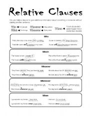 English Worksheet: Relative Clauses, who-which-when-whoever-whenever