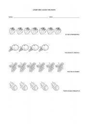 English Worksheet: Count and colour the fruits