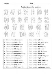 English Worksheet: Numbers and Colors