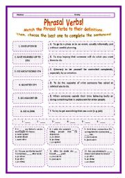 English Worksheet: > Phrasal Verbs Practice 60! > --*-- Definitions + Exercise --*-- BW Included --*-- Fully Editable With Key!