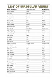 English Worksheet: list of irregular verbs