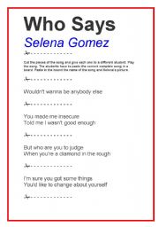 English worksheet: SONG WHO SAYS - SELENA GOMEZ