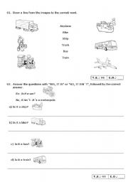 English Worksheet: 2nd Grade Test verb to be in the simple present + vehicles and colors