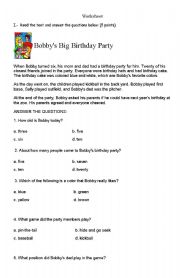 English worksheet: Numbers and reading comprehension