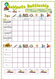 English Worksheet: School sujects battheship and days of the week