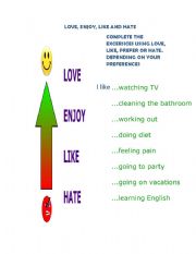 English Worksheet: LOVE, ENJOY, LIKE, HATE