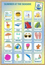 English Worksheet: Summer at the seaside - Pictionary + Activities + Answer Key 