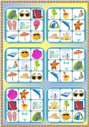 English Worksheet: Summer at the seaside - 6 bingo cards + cards with pictures and words to play