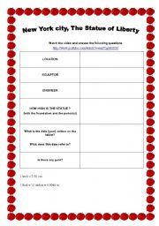 English Worksheet: Video : New York City, The Statue of Liberty