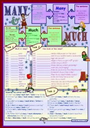 English Worksheet: Many & much * for elementary level * 3 tasks * with key *** fully editable ***