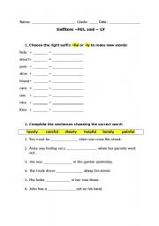 English Worksheet: Suffixes FUL and  LY