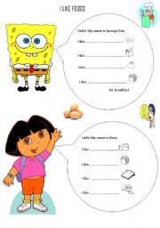 English Worksheet: like likes foods with Dora and Sponge Bob